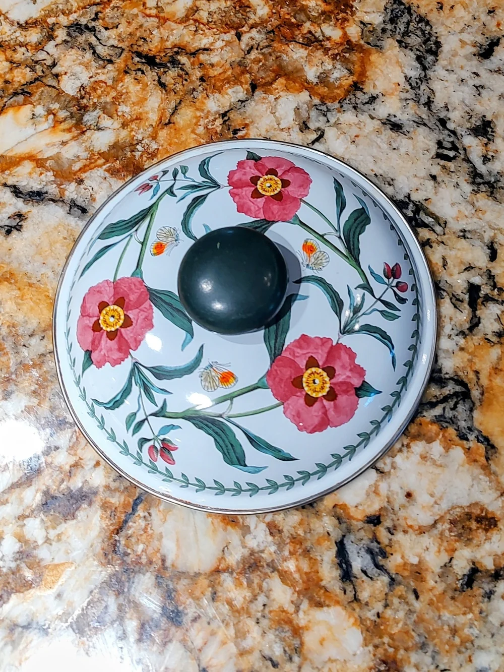 Portmeirion Floral Enamel Pot Lid in White with Pink Flowers and Black Knob